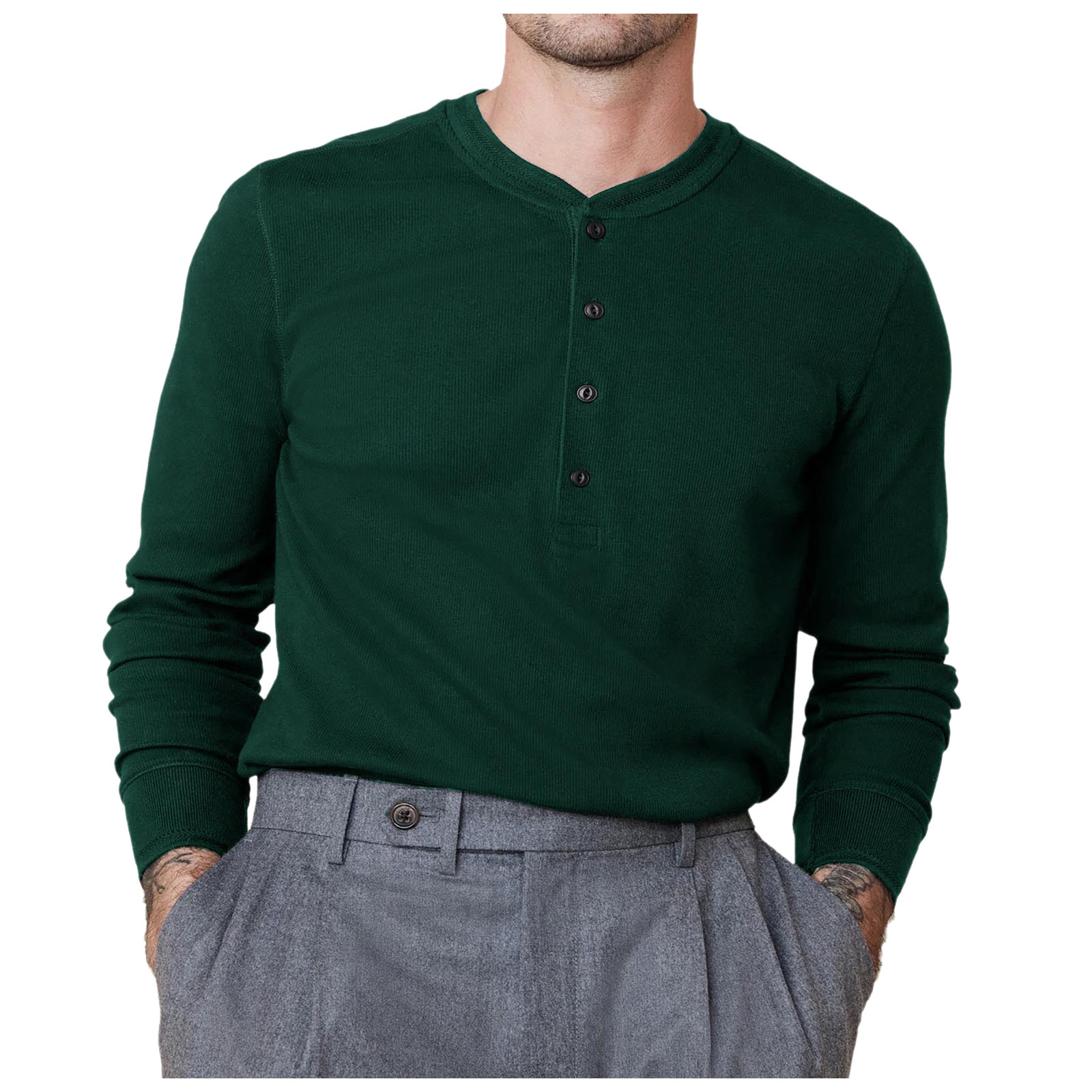 thumbnail image 4 of Camiseta de manga larga con botones y color liso para hombre, para otoño, mezcla de poliéster, cómoda e informal, varias tallas disponibles., 4 of 7